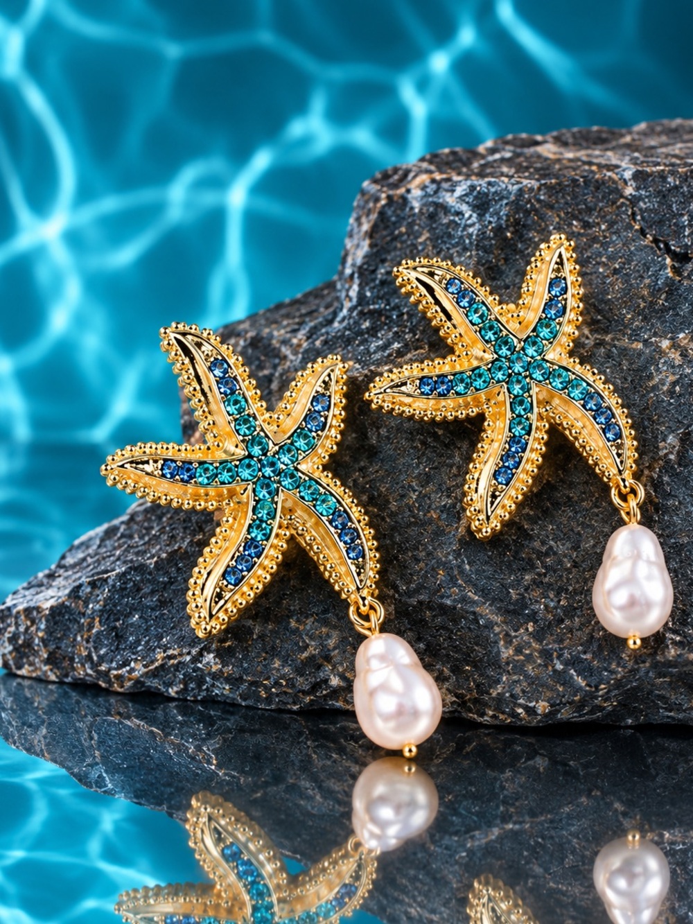 Turquoise Starfish Pearl Drop Earrings Gold Tone Coastal Statement Jewelry